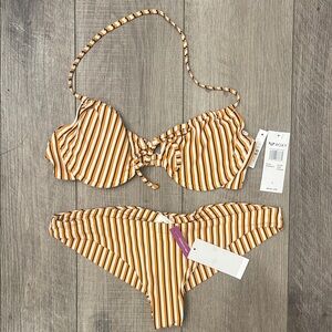 Roxy Striped Tie-Front Bikini in Mustard, White & Brown Size Large